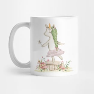 Unicorn dancing among flowers and mushrooms - watercolour Mug